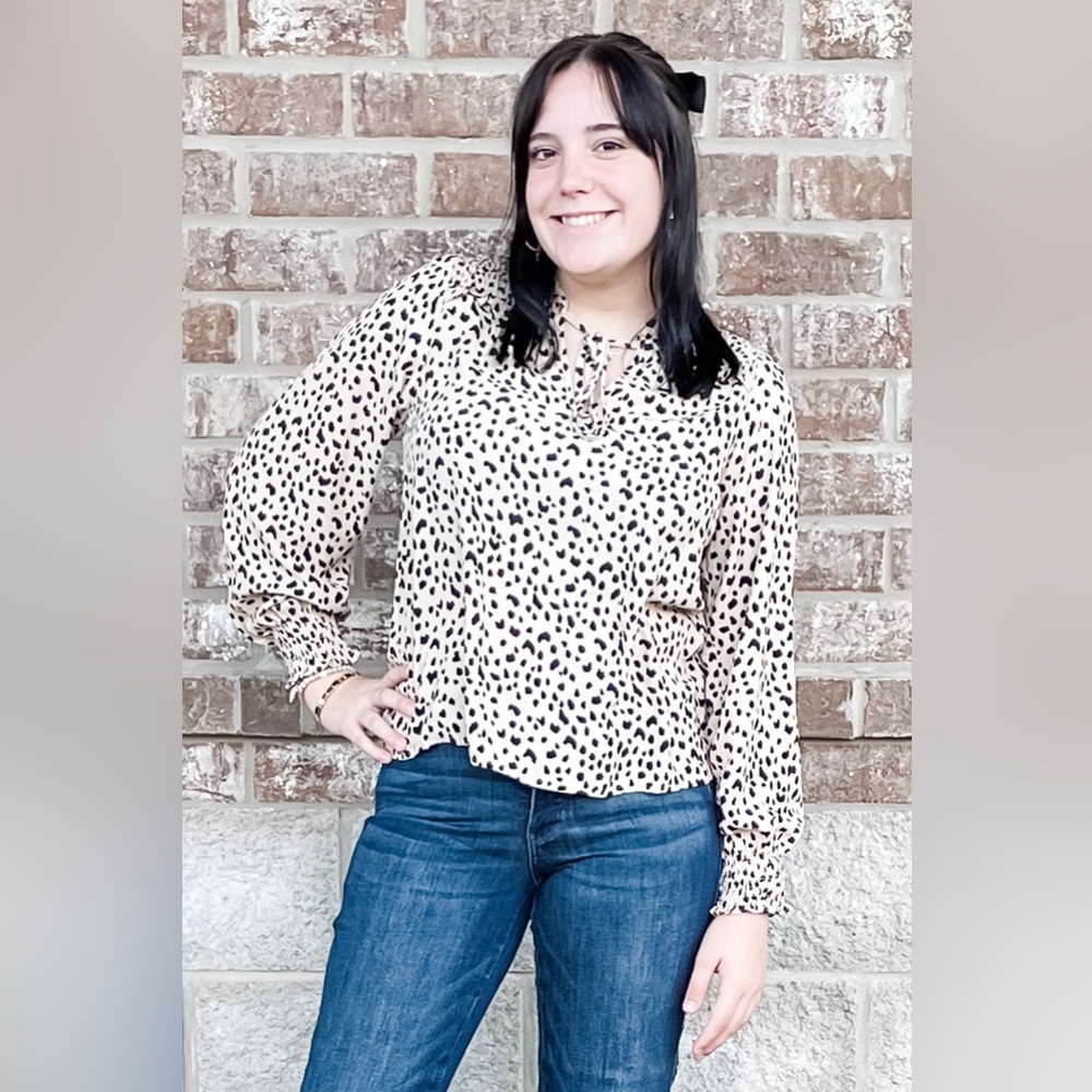 THML long sleeve leopard print cream blouse smocking detail JH1771